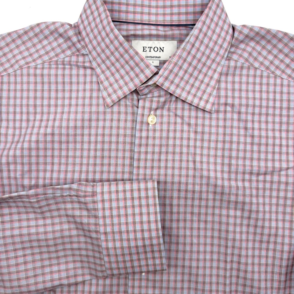 Eton Dress Shirt Mens L 41 Pink Blue Check Contemporary Fit Long Sleeve Cotton
